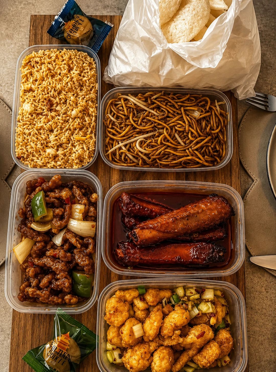 A full Wok & Flame takeaway spread